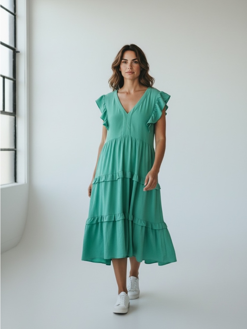 Umgee Teal V-Neck Tiered Midi Dress